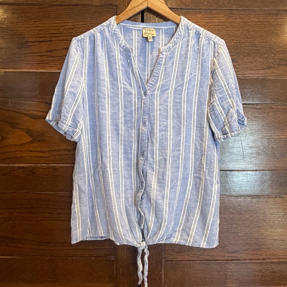 Como Vintage medium linen blend Casual Blue stripe Button-Down Shirt top blouse